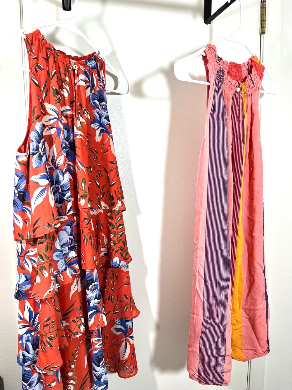 LOFT Red Floral Tiered Maxi Dress with Blue & White Flowers